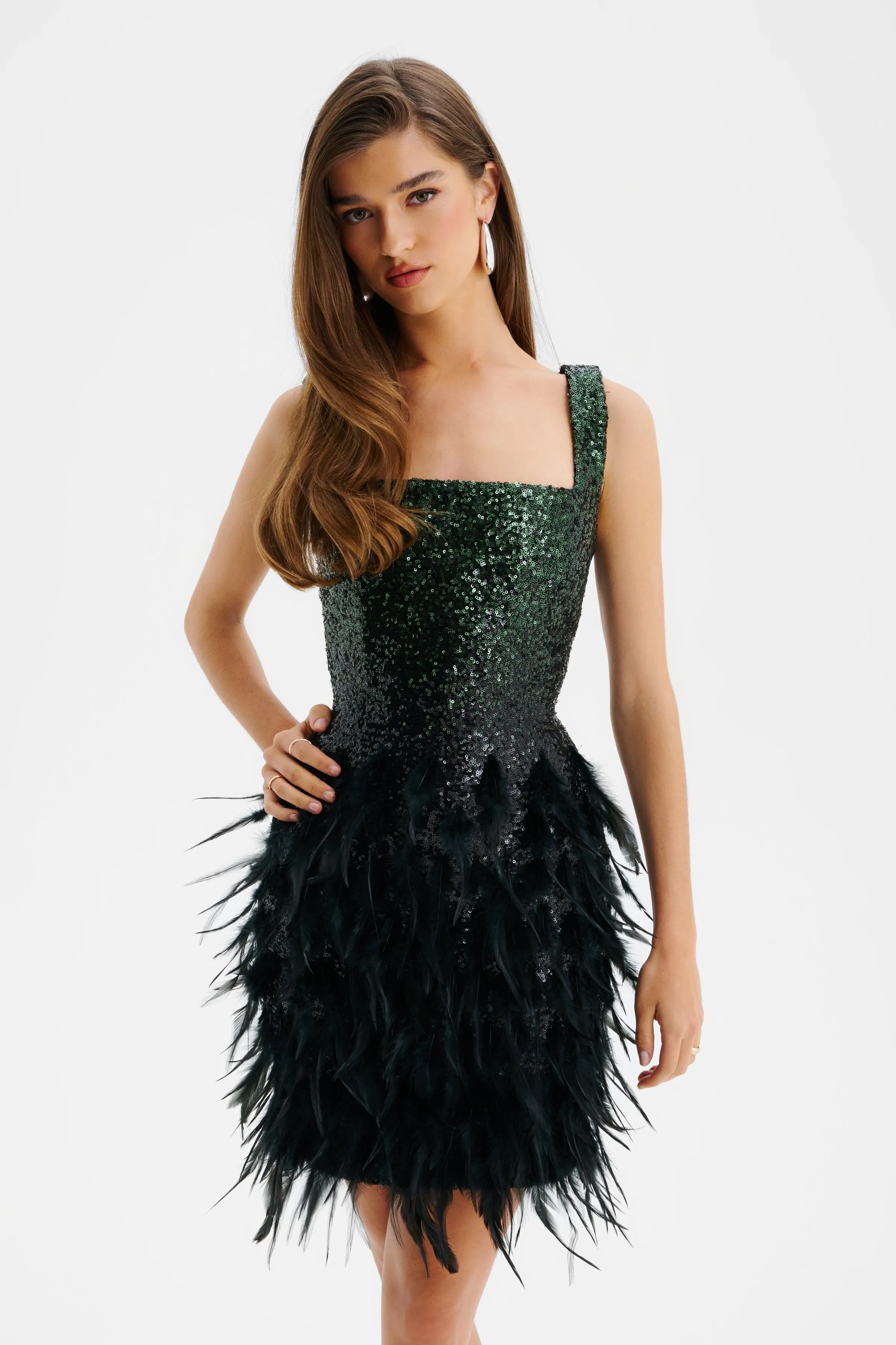 SERAPHINA Ombre Sequin Mini Dress With Feathers In Emerald Green & Black sold by Lavish Alice product image thumbnail 3