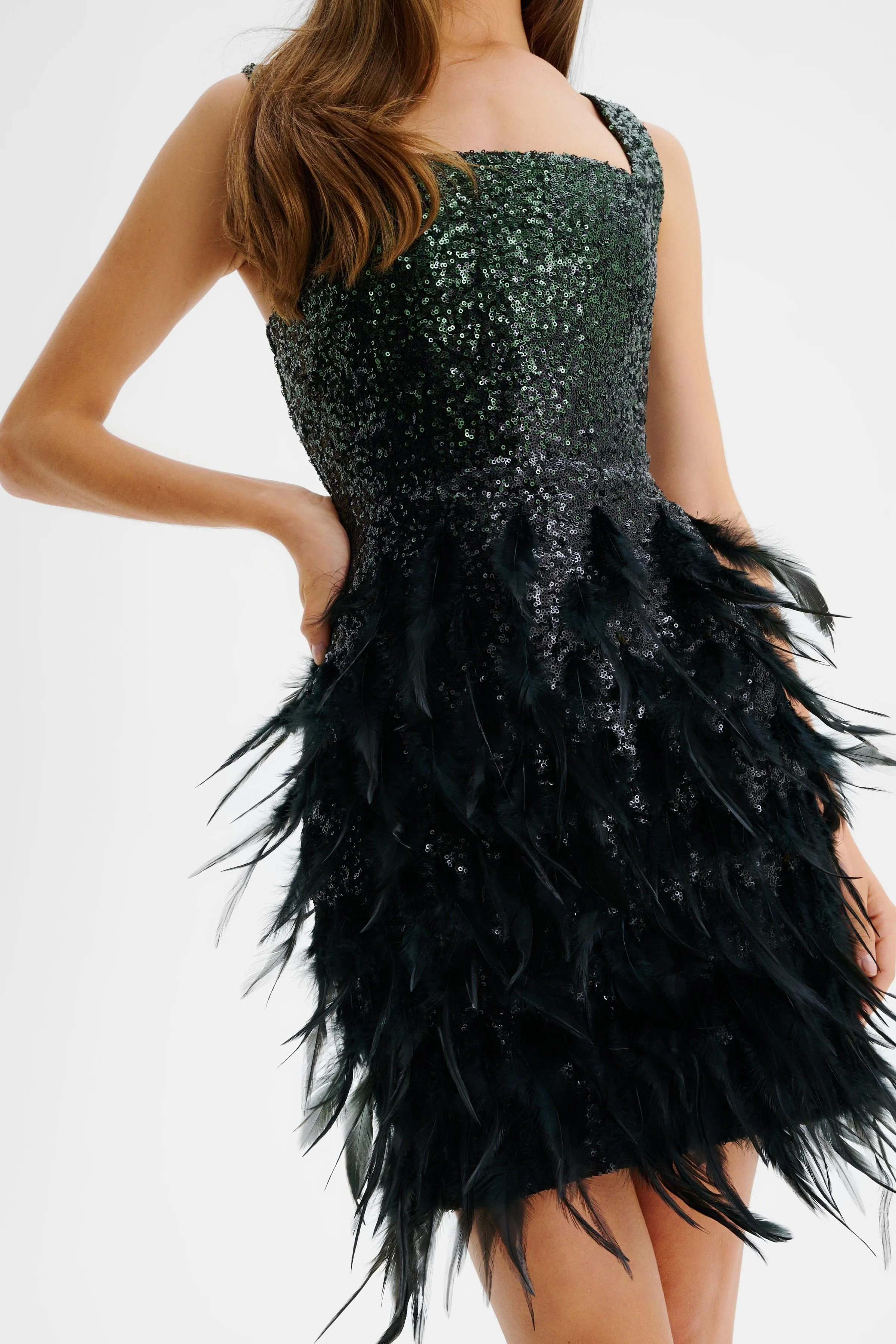 SERAPHINA Ombre Sequin Mini Dress With Feathers In Emerald Green & Black sold by Lavish Alice product image thumbnail 4