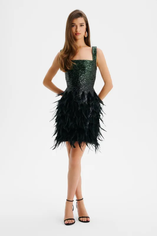 SERAPHINA Ombre Sequin Mini Dress With Feathers In Emerald Green & Black sold by Lavish Alice
