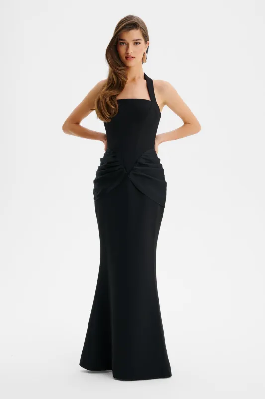 ISABEAU Square Neck Maxi Dress With Satin Drape Detail In Black made by Lavish Alice