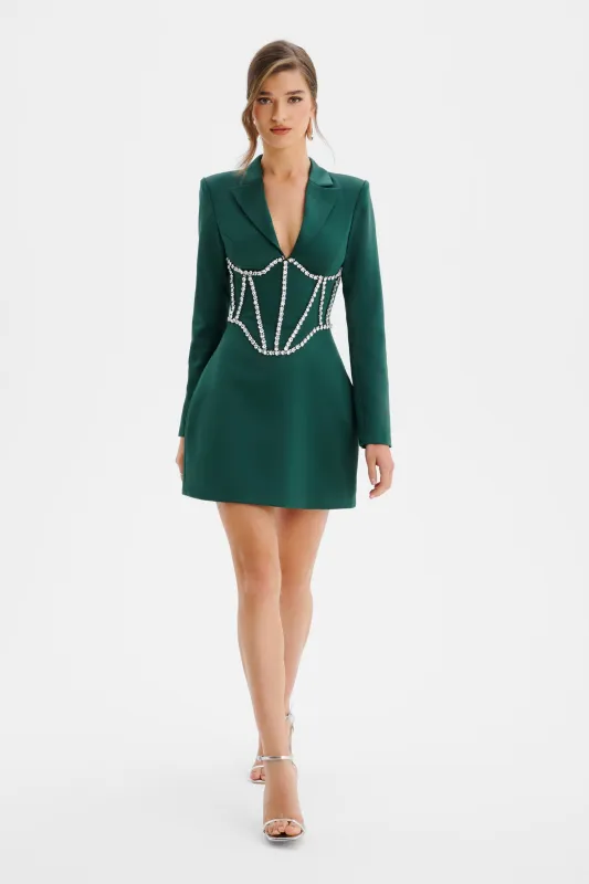 NOELIA Satin Blazer Mini Dress With Embellished Corset In Emerald Green made by Lavish Alice