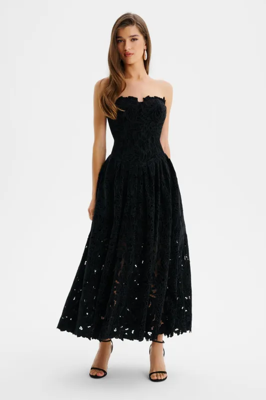 ARABELLA Velvet Guipure Lace Strapless Midi Dress In Black sold by Lavish Alice
