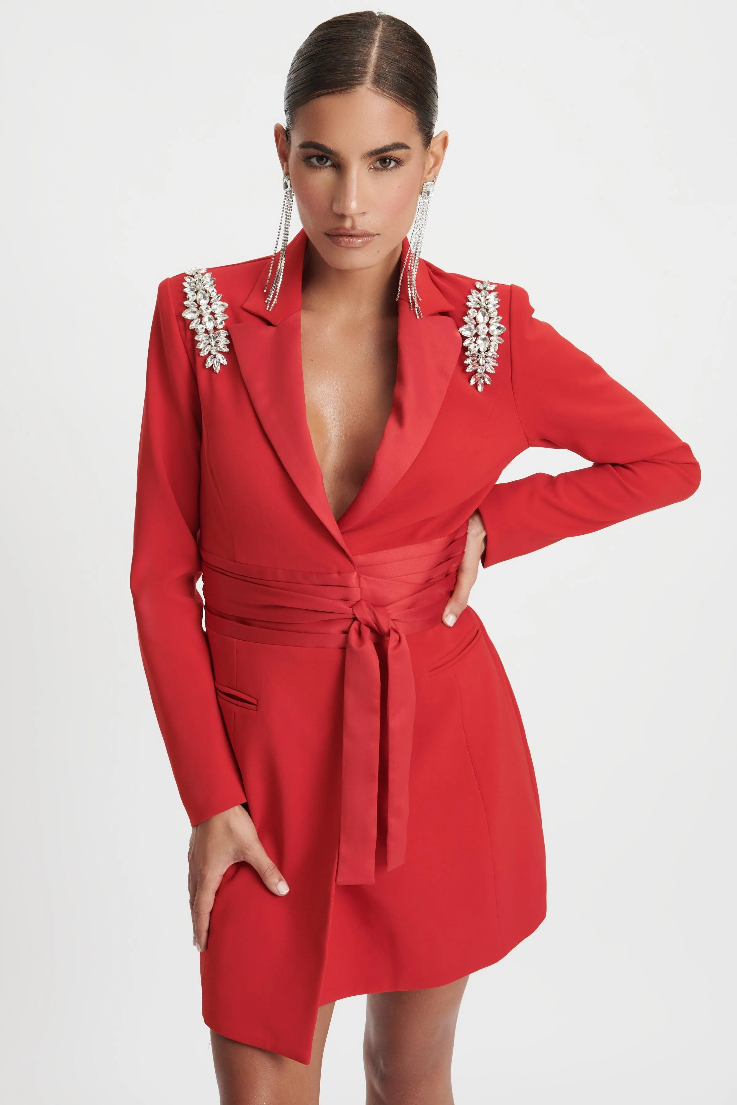ALAIA Diamante Shoulder Trim Wrap Blazer Dress In Red sold by Lavish Alice product image thumbnail 3