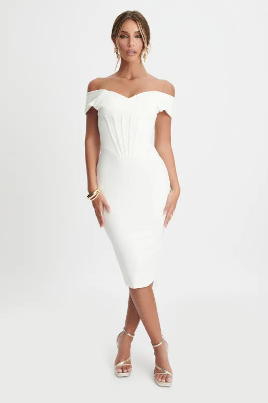 AMY Pleated Off Shoulder Corset Midi Dress In White sold by Lavish Alice
