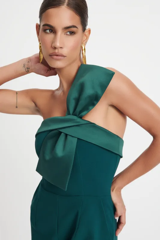 RIVER Satin Mix Bandeau Bow Detail Jumpsuit In Emerald sold by Lavish Alice