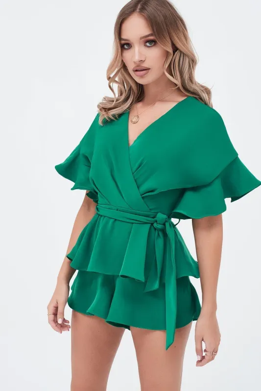 Frill Double Tiered Playsuit In Emerald Green sold by Lavish Alice