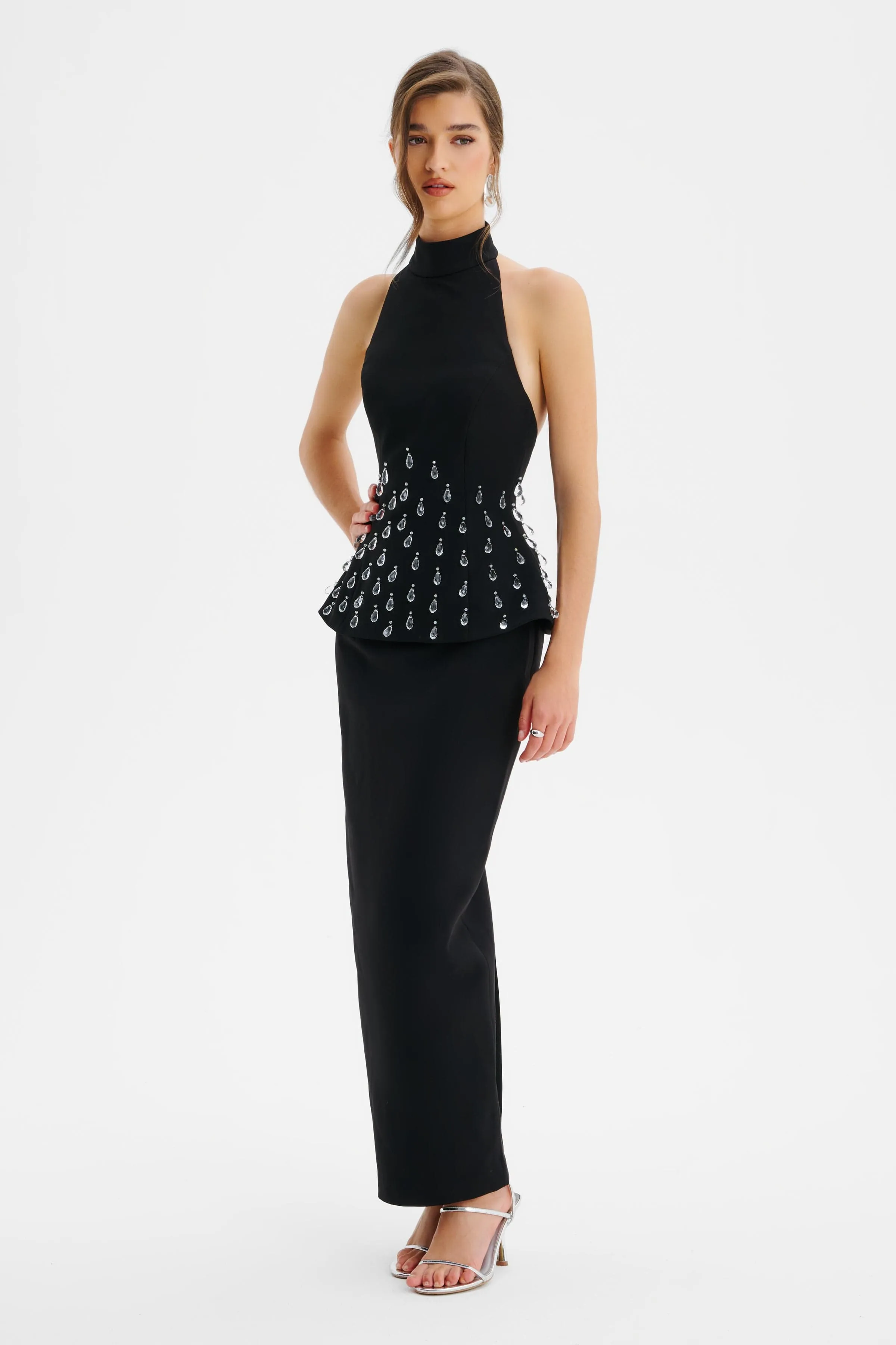 VALENTINA High Neck Crystal Embellished Peplum Maxi Dress In Black sold by Lavish Alice product image thumbnail 3