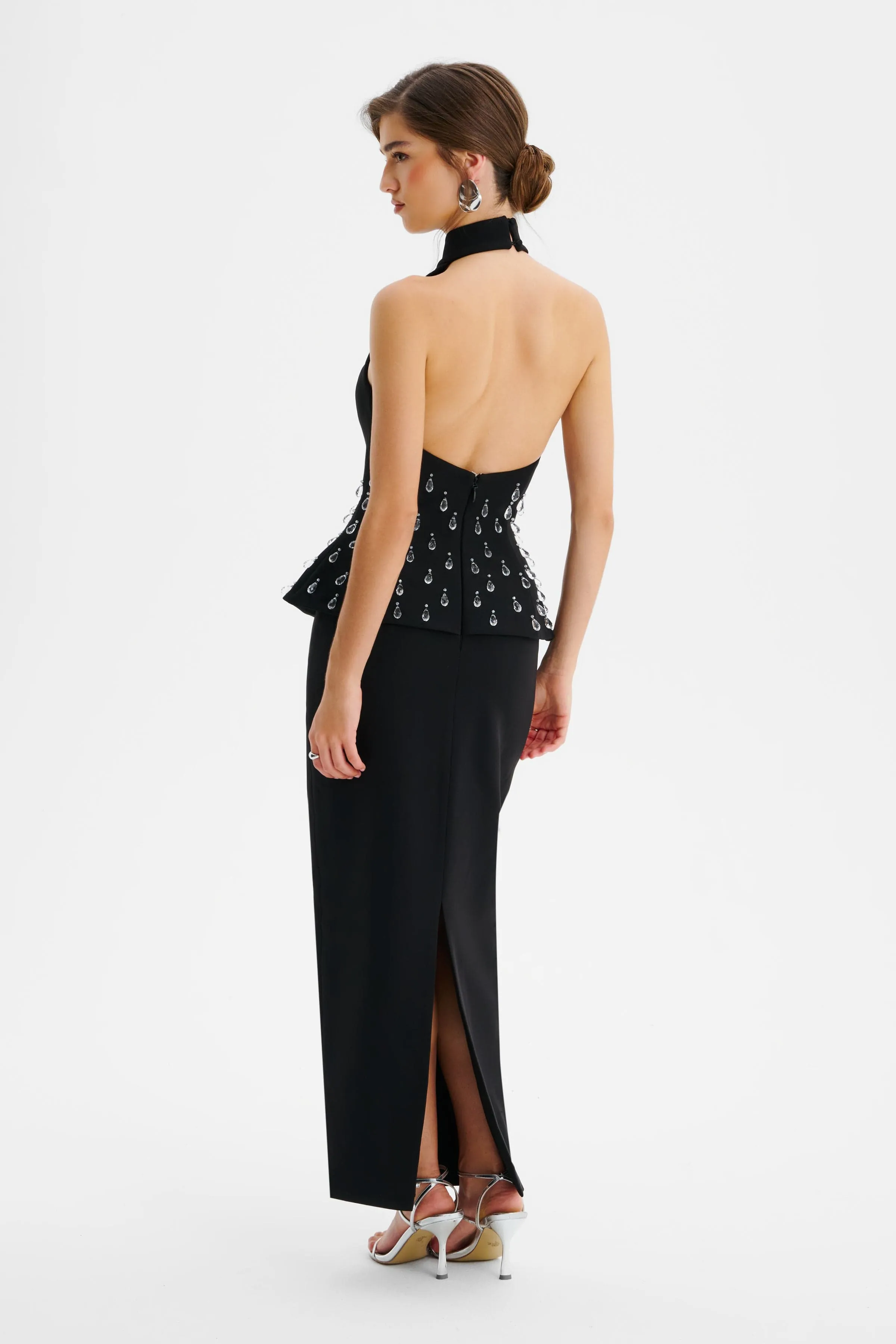 VALENTINA High Neck Crystal Embellished Peplum Maxi Dress In Black sold by Lavish Alice product image thumbnail 4