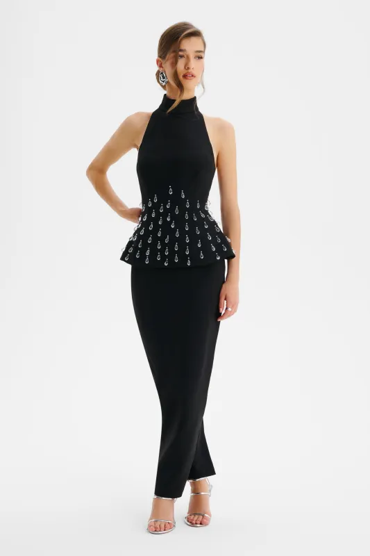 VALENTINA High Neck Crystal Embellished Peplum Maxi Dress In Black sold by Lavish Alice