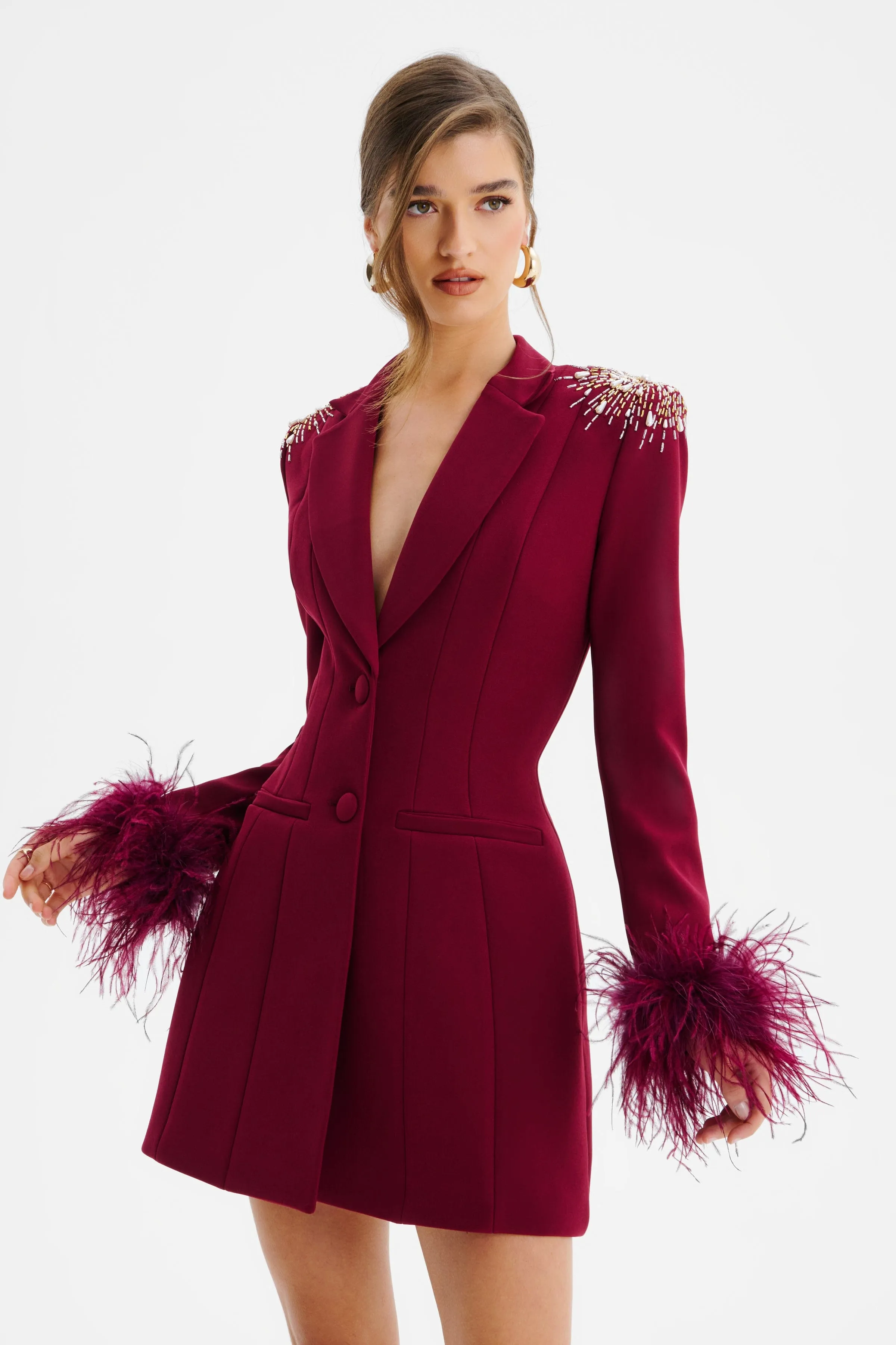 SABRINA Star Hand Embellished Blazer Dress With Feather Cuffs In Burgundy sold by Lavish Alice product image thumbnail 2