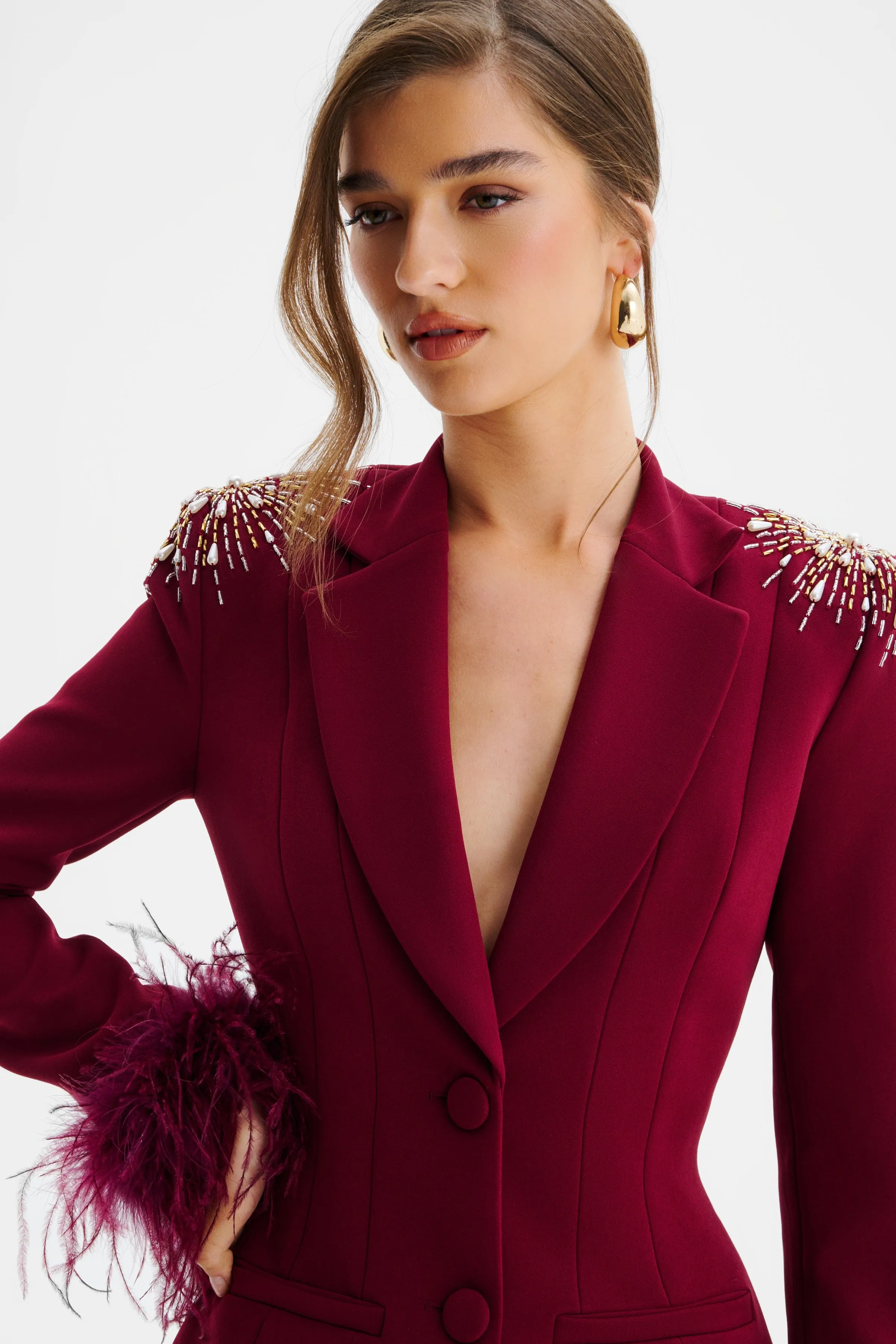 SABRINA Star Hand Embellished Blazer Dress With Feather Cuffs In Burgundy sold by Lavish Alice product image thumbnail 4