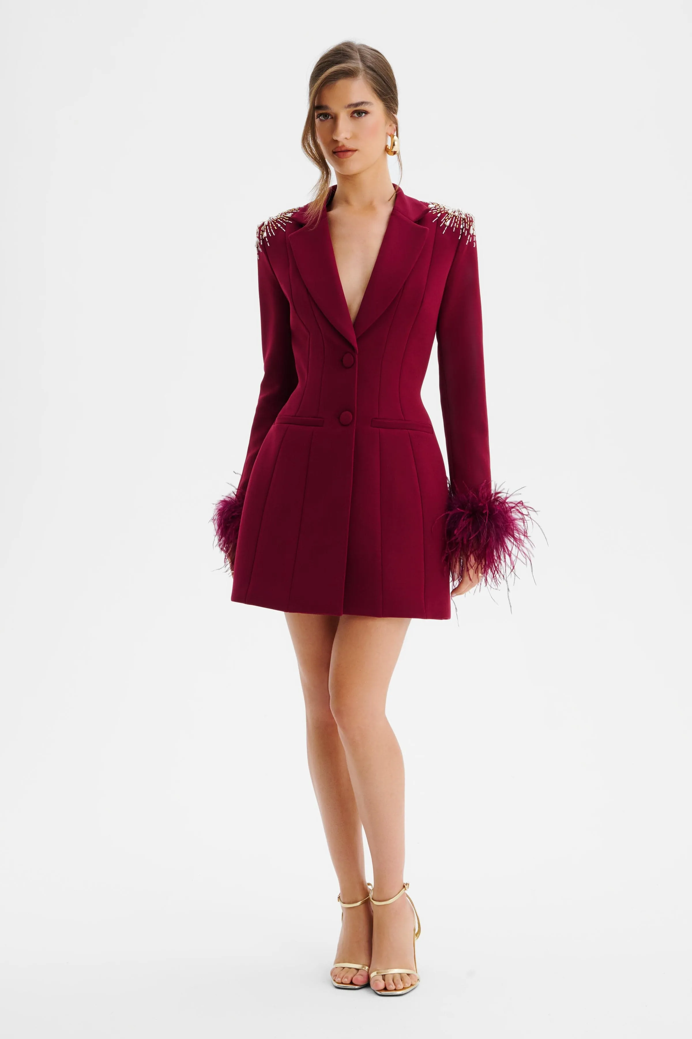 SABRINA Star Hand Embellished Blazer Dress With Feather Cuffs In Burgundy sold by Lavish Alice