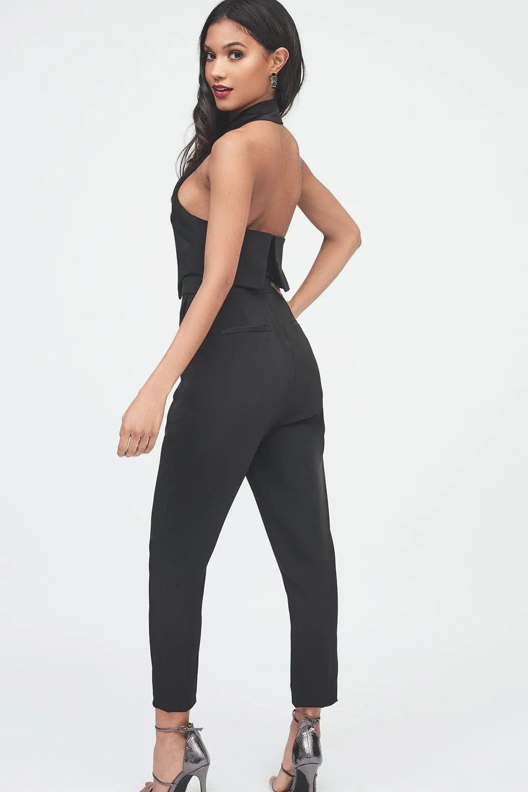 Double Layer Tuxedo Jumpsuit with Satin Lapel in Black sold by Lavish Alice product image thumbnail 4