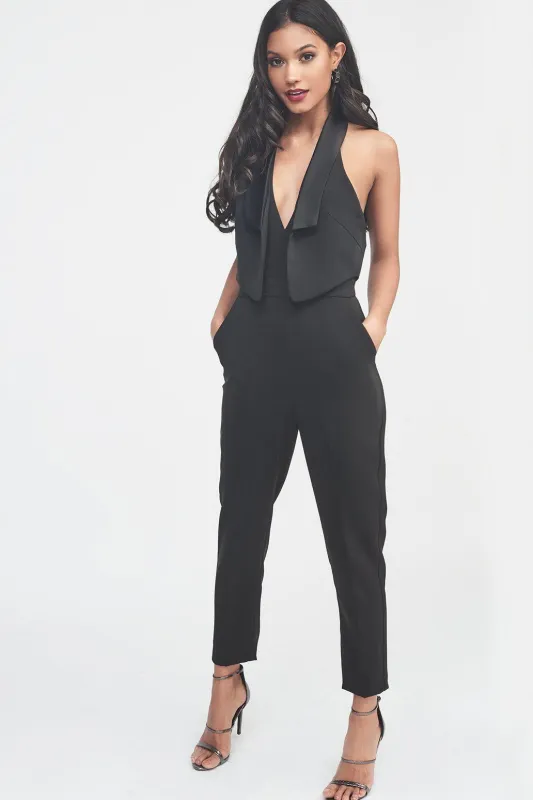 Double Layer Tuxedo Jumpsuit with Satin Lapel in Black sold by Lavish Alice