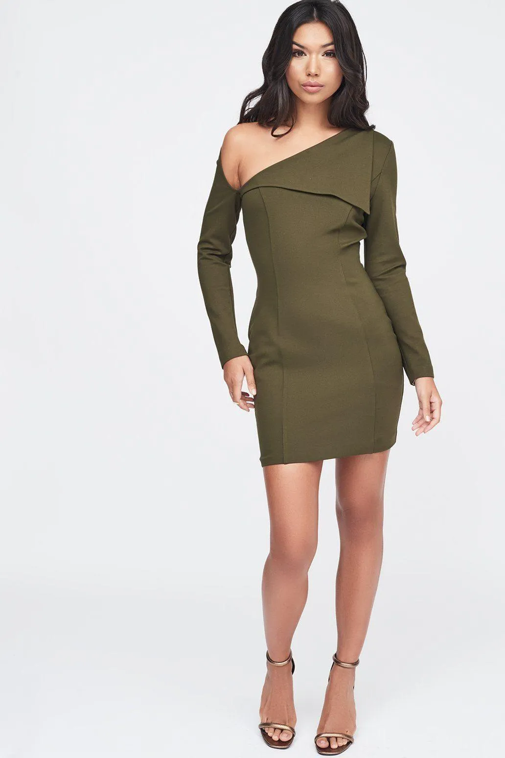 Cut Out Shoulder Ponte Midi Dress in Khaki sold by Lavish Alice