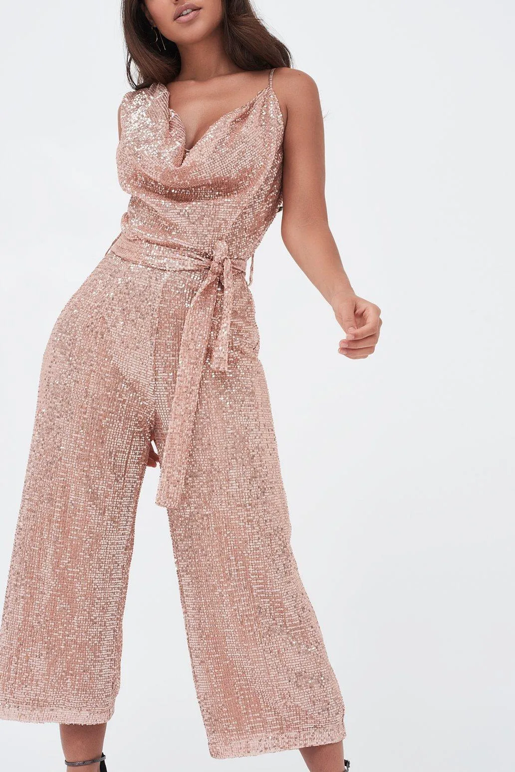 Pleated Sequin Cowl Neck Culotte Jumpsuit In Pink sold by Lavish Alice product image thumbnail 4