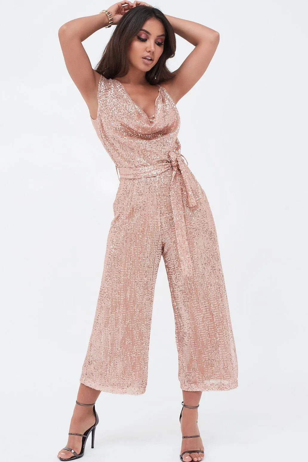 Pleated Sequin Cowl Neck Culotte Jumpsuit In Pink sold by Lavish Alice
