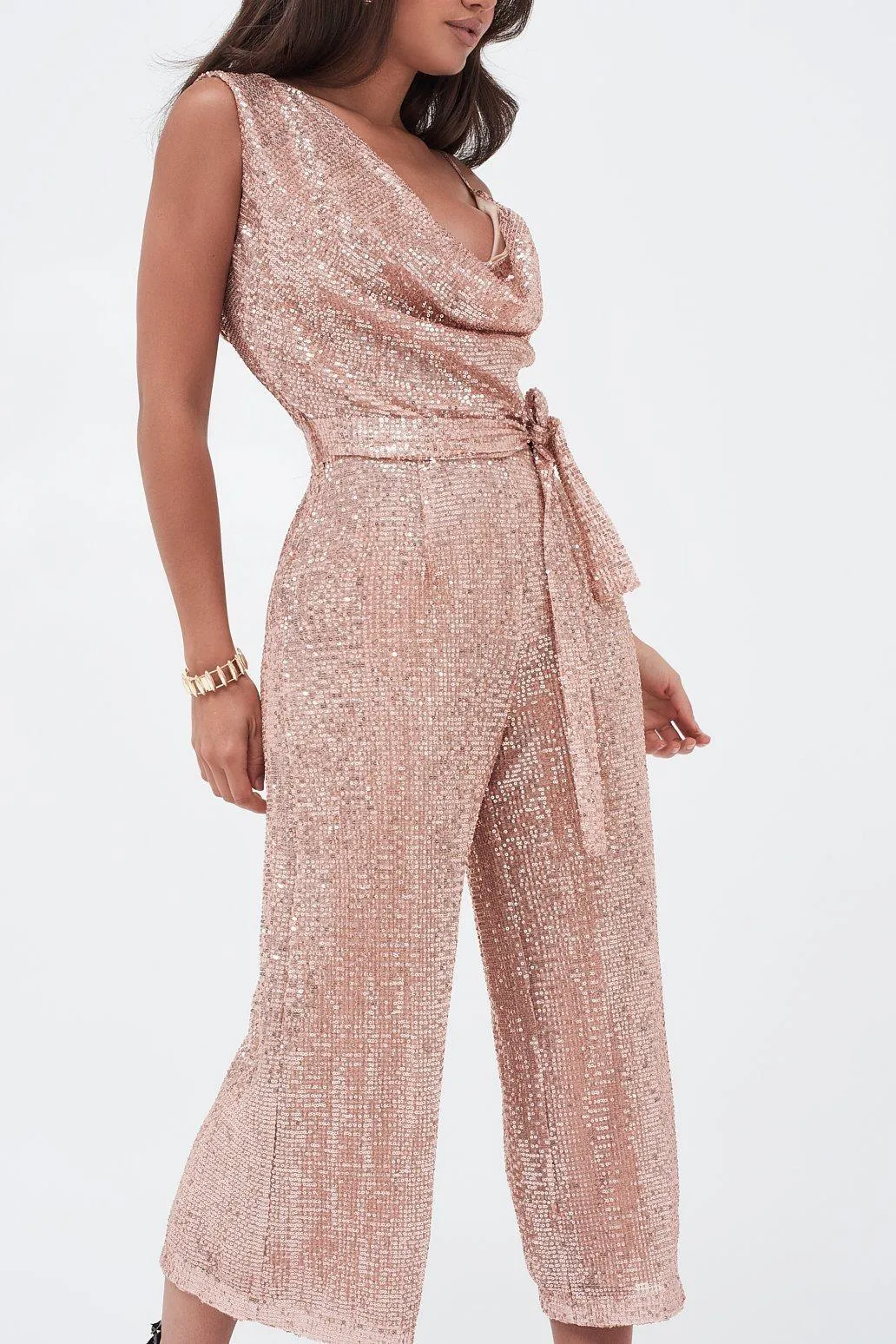 Pleated Sequin Cowl Neck Culotte Jumpsuit In Pink sold by Lavish Alice product image thumbnail 3