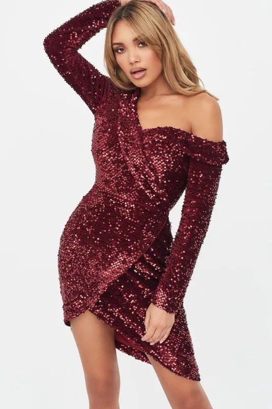 Velvet Sequin Asymmetric Mini Dress in Burgundy sold by Lavish Alice