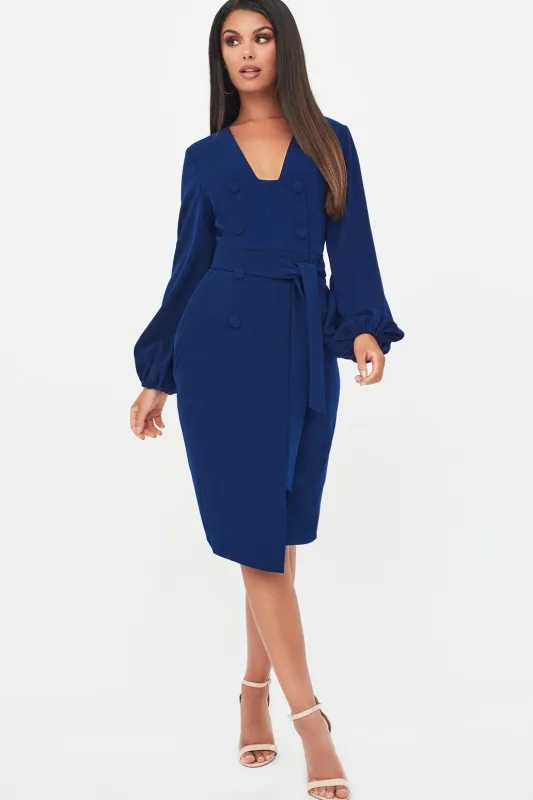 Balloon Sleeve Button Detail Dress in Navy sold by Lavish Alice