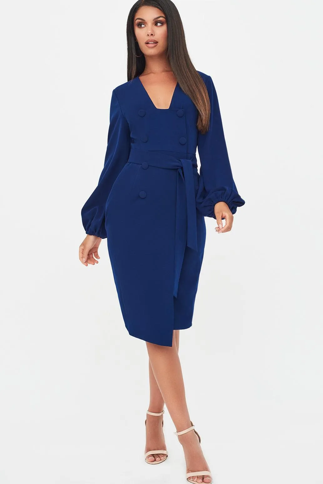 Balloon Sleeve Button Detail Dress in Navy sold by Lavish Alice