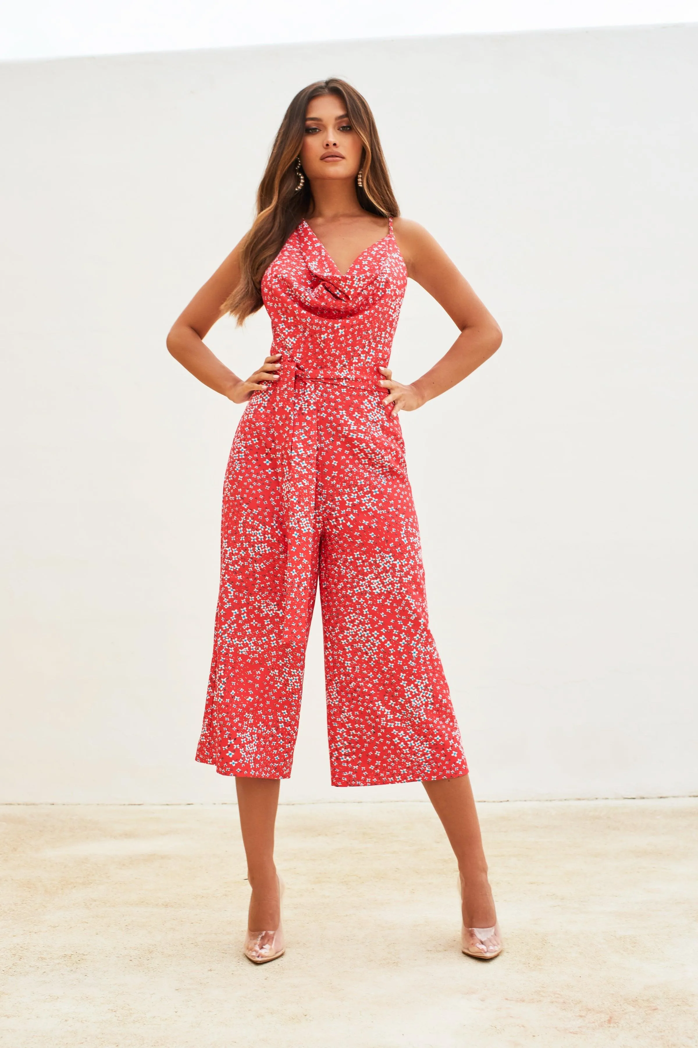 Cowl Neck Culotte Jumpsuit in Coral Floral Print sold by Lavish Alice product image thumbnail 2