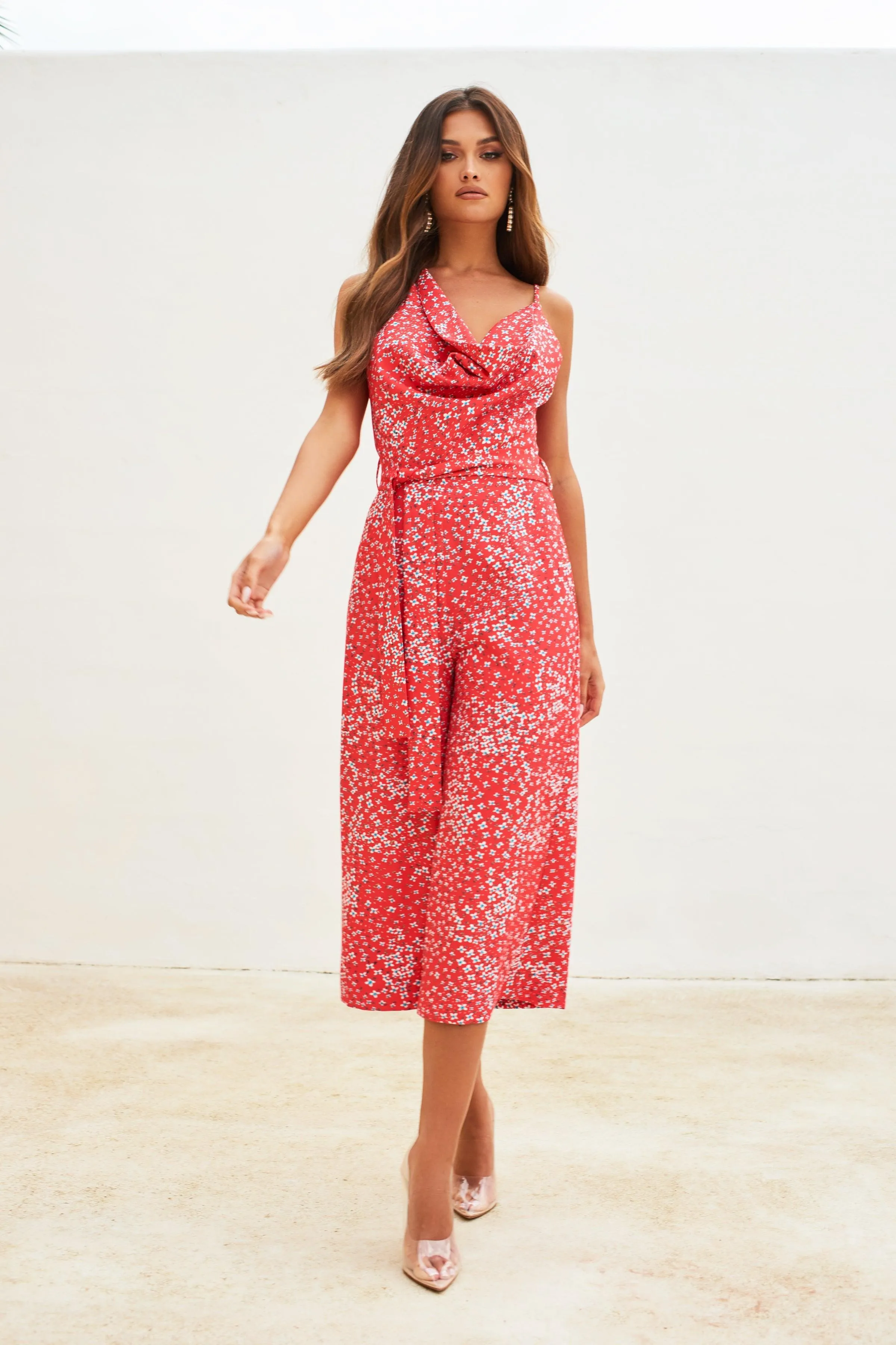 Cowl Neck Culotte Jumpsuit in Coral Floral Print sold by Lavish Alice product image thumbnail 3