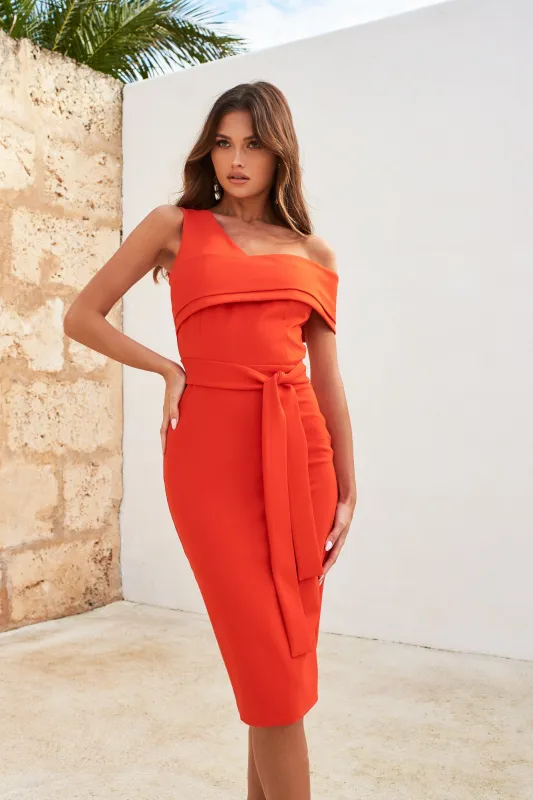 One Shoulder Double Layer Midi Dress in Hot Coral sold by Lavish Alice