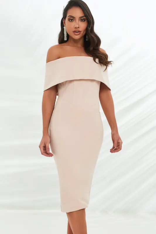 Corset Style Bardot Midi Dress in Stone sold by Lavish Alice