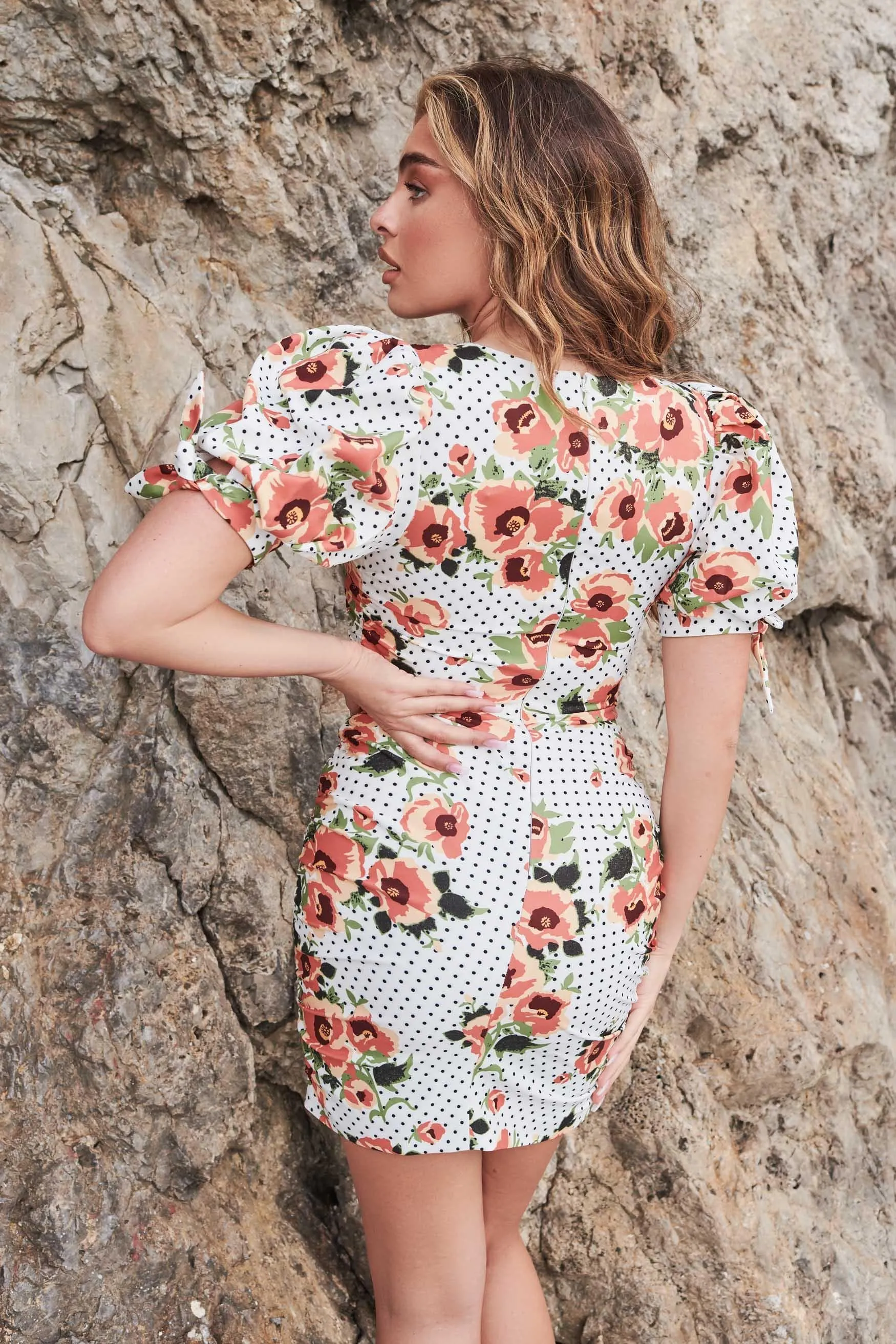DANIELA Tie Sleeve Ruched Mini Dress in Floral Spot sold by Lavish Alice product image thumbnail 4