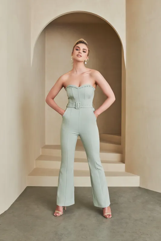Bandeau Corset Jumpsuit in Sage Green sold by Lavish Alice