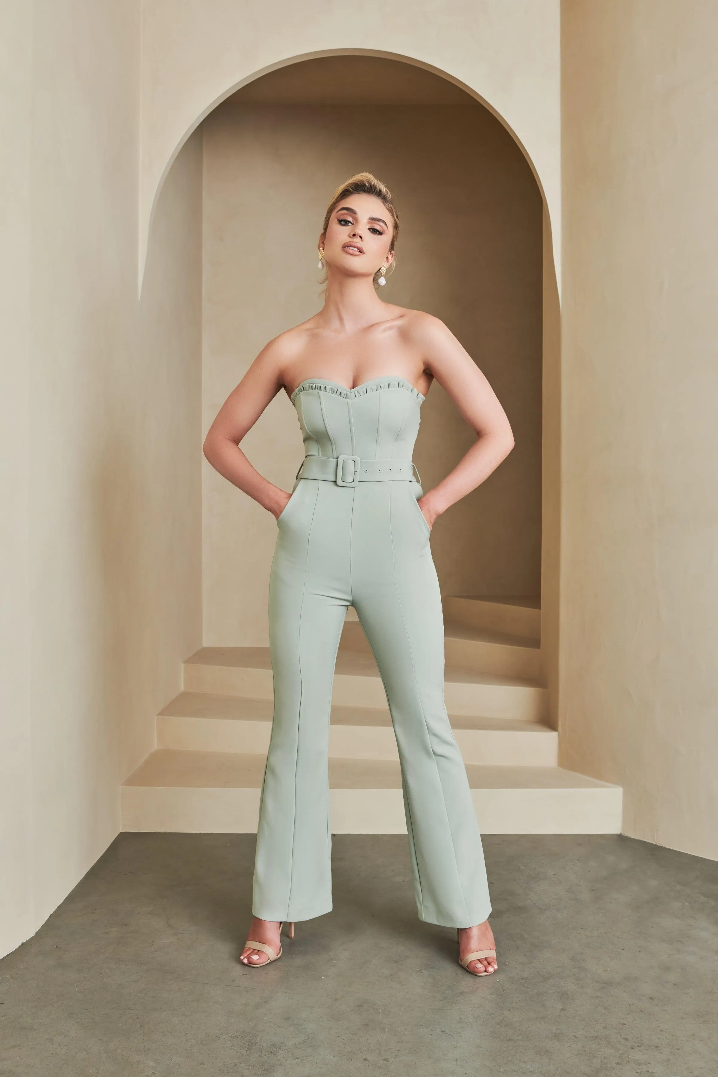 Bandeau Corset Jumpsuit in Sage Green sold by Lavish Alice