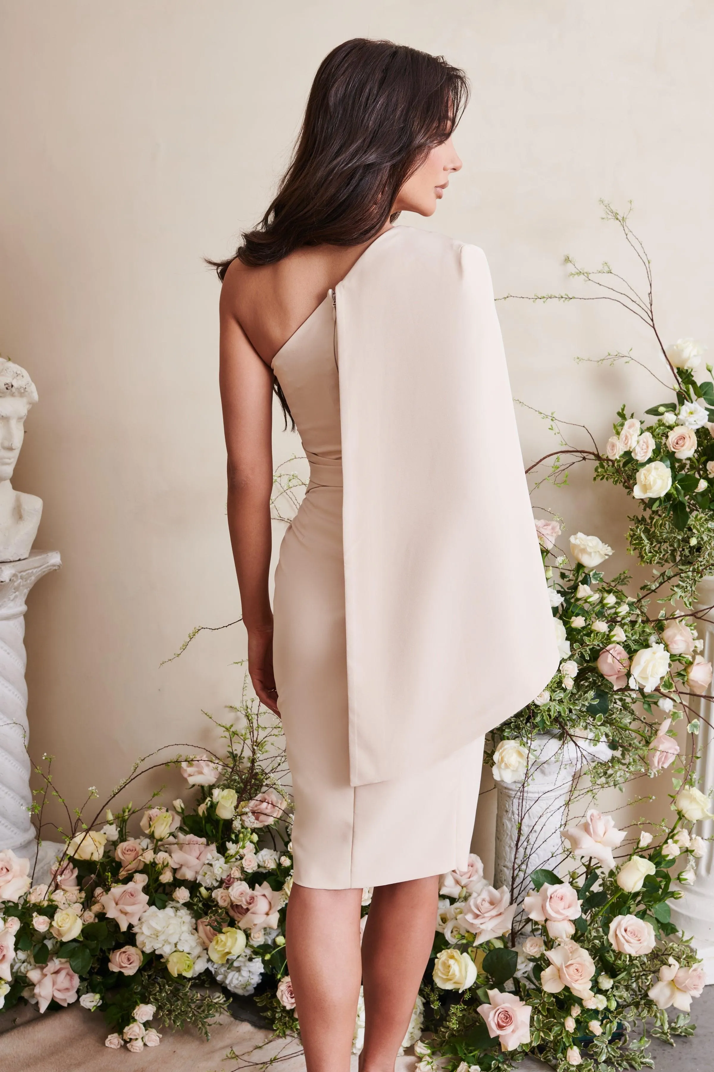 PAIGE Tailored One Shoulder Cape Midi Dress In Cream sold by Lavish Alice product image thumbnail 4