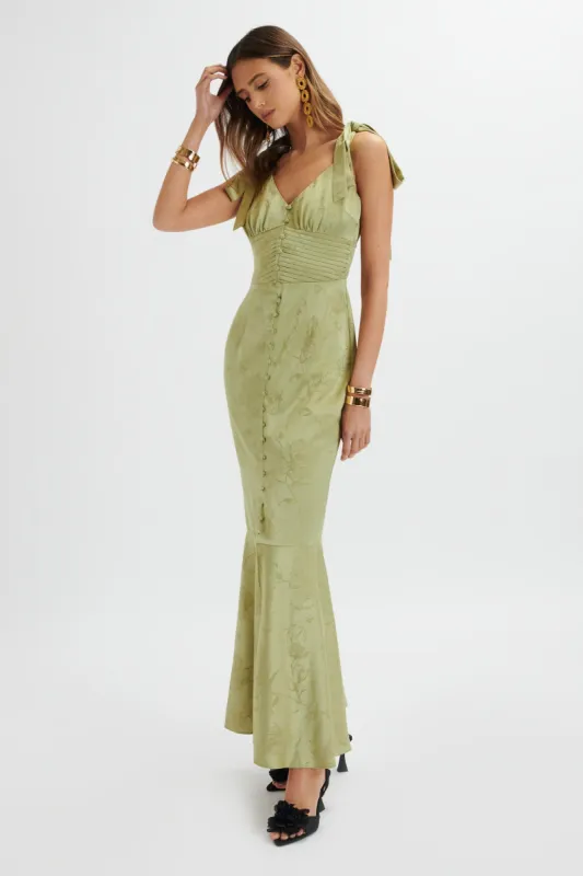 KAMILA Tie Strap Micro Button Satin Maxi Dress In Green Floral made by Lavish Alice