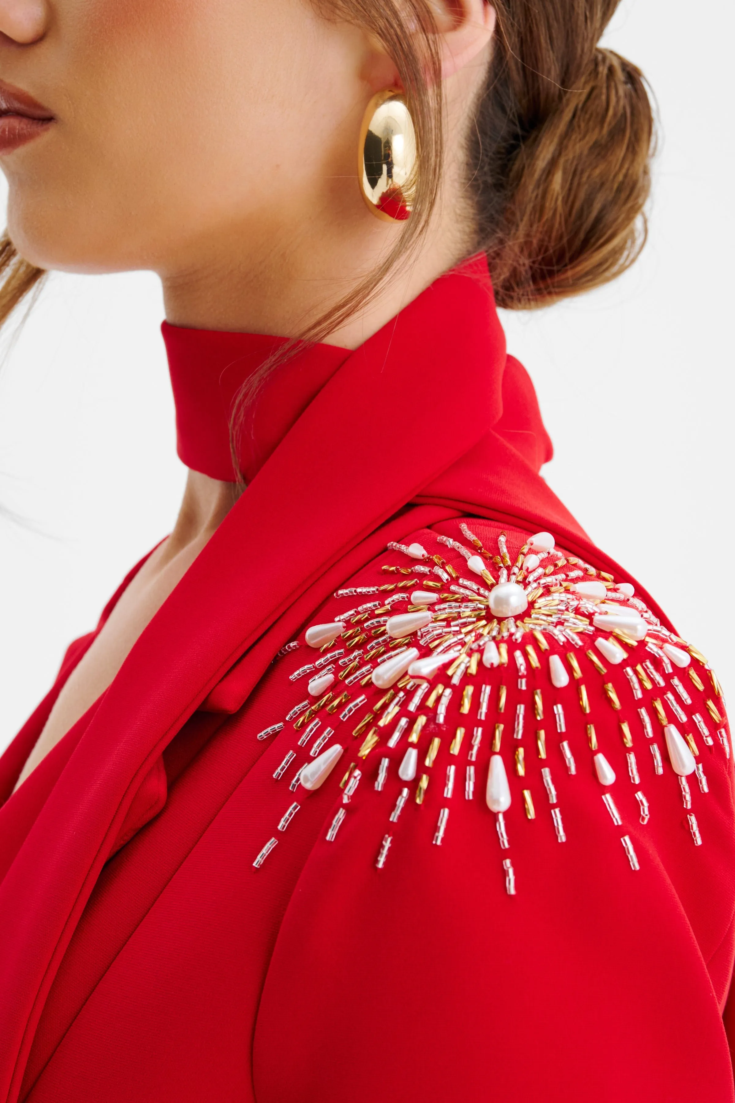 THALIA Shoulder Hand Embellished Sculptured Blazer Jumpsuit In Red sold by Lavish Alice product image thumbnail 5