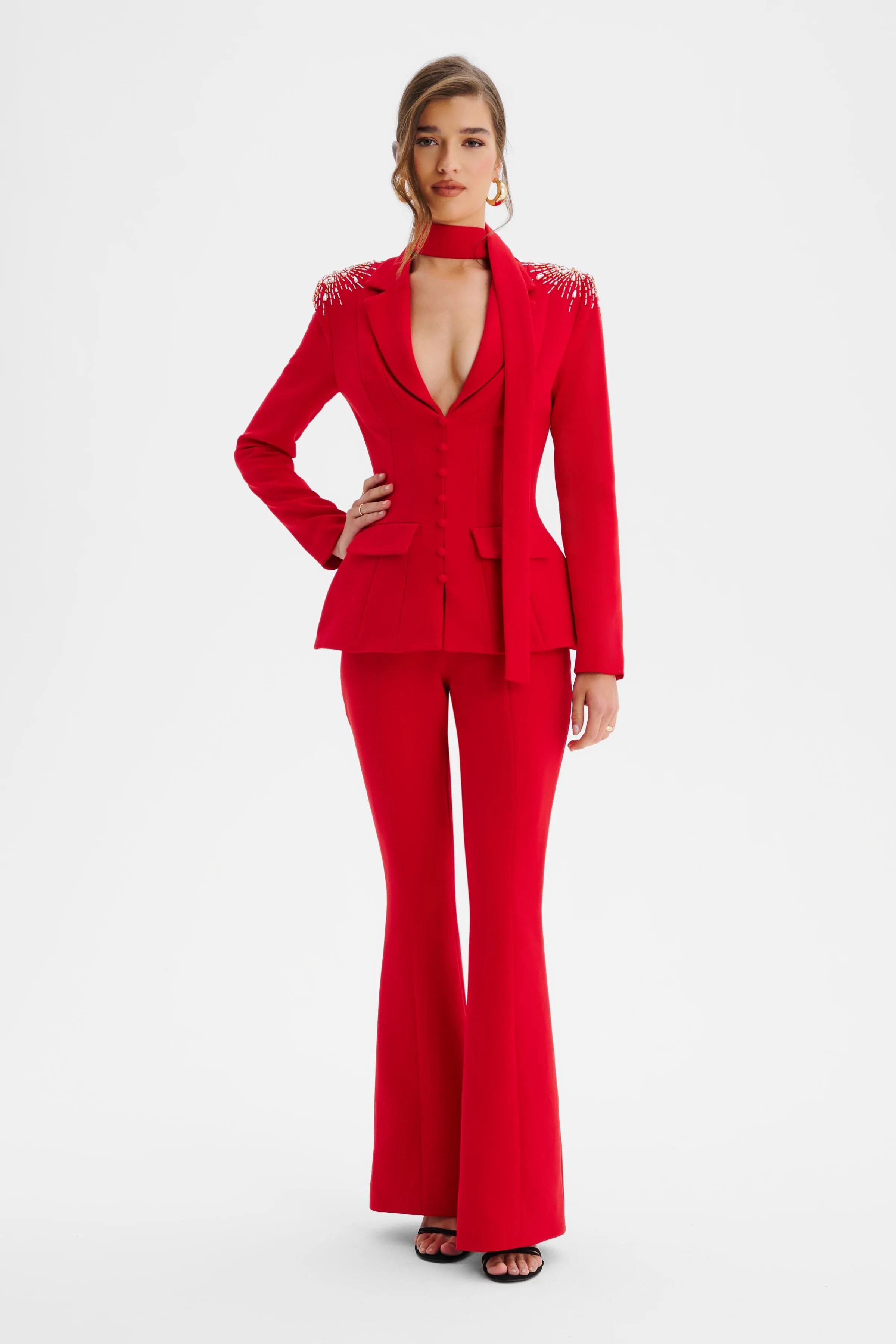 THALIA Shoulder Hand Embellished Sculptured Blazer Jumpsuit In Red sold by Lavish Alice product image thumbnail 3