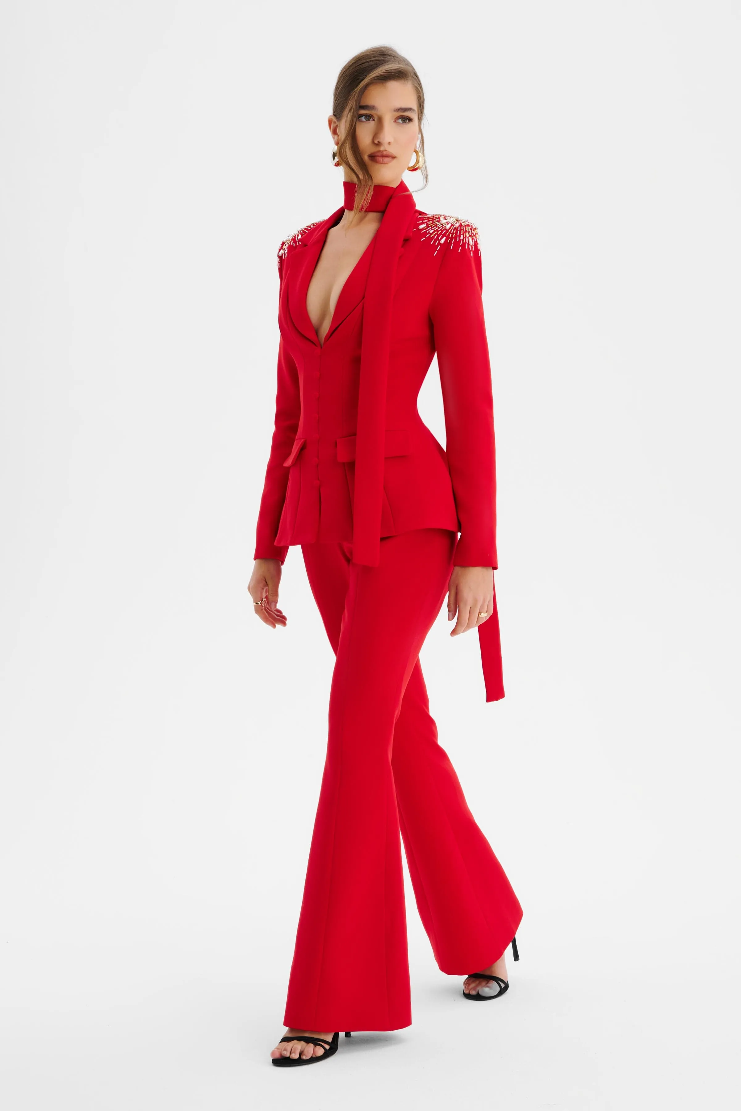 THALIA Shoulder Hand Embellished Sculptured Blazer Jumpsuit In Red sold by Lavish Alice product image thumbnail 2
