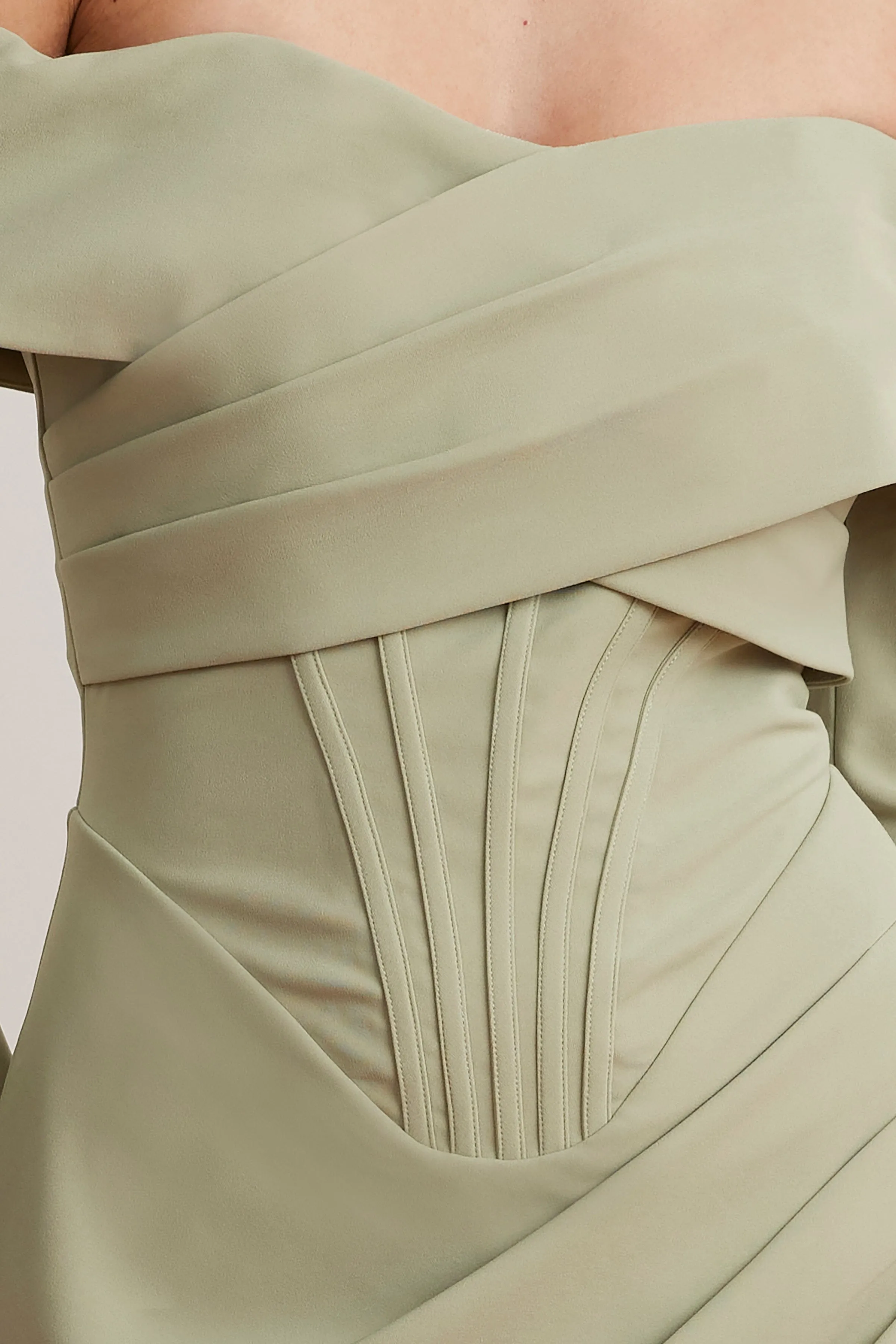 DELPHINE Off Shoulder Corset Midi Wrap Dress In Sage Green sold by Lavish Alice product image thumbnail 2