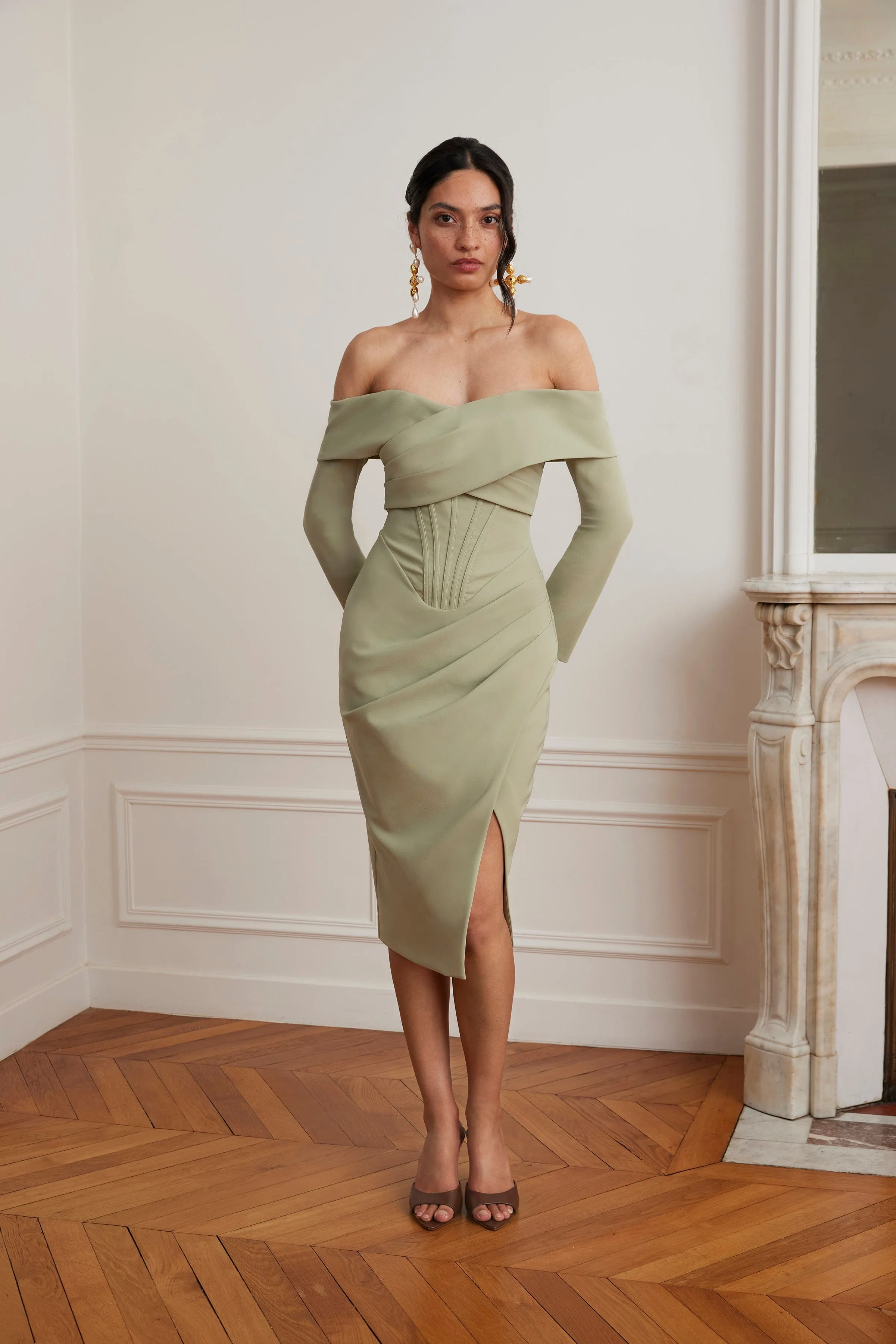 DELPHINE Off Shoulder Corset Midi Wrap Dress In Sage Green sold by Lavish Alice