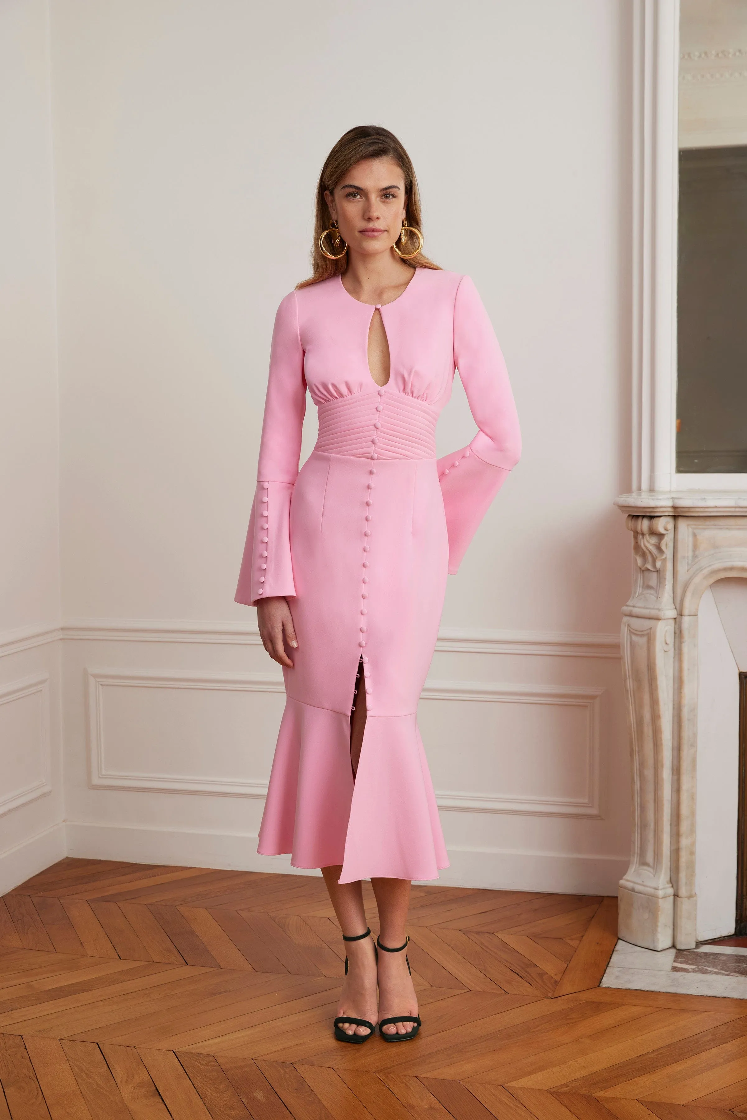 ROXIE Keyhole Micro Button Detail Midi Dress In Pink sold by Lavish Alice product image thumbnail 5