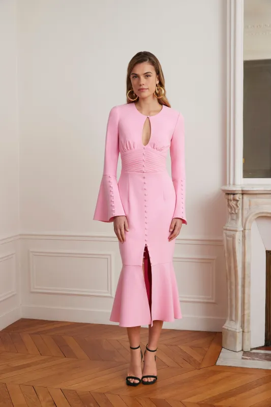 ROXIE Keyhole Micro Button Detail Midi Dress In Pink made by Lavish Alice