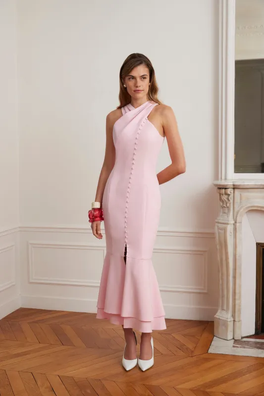 ALTHEA Cross Neck Button Through Fishtail Midi Dress In Pink sold by Lavish Alice