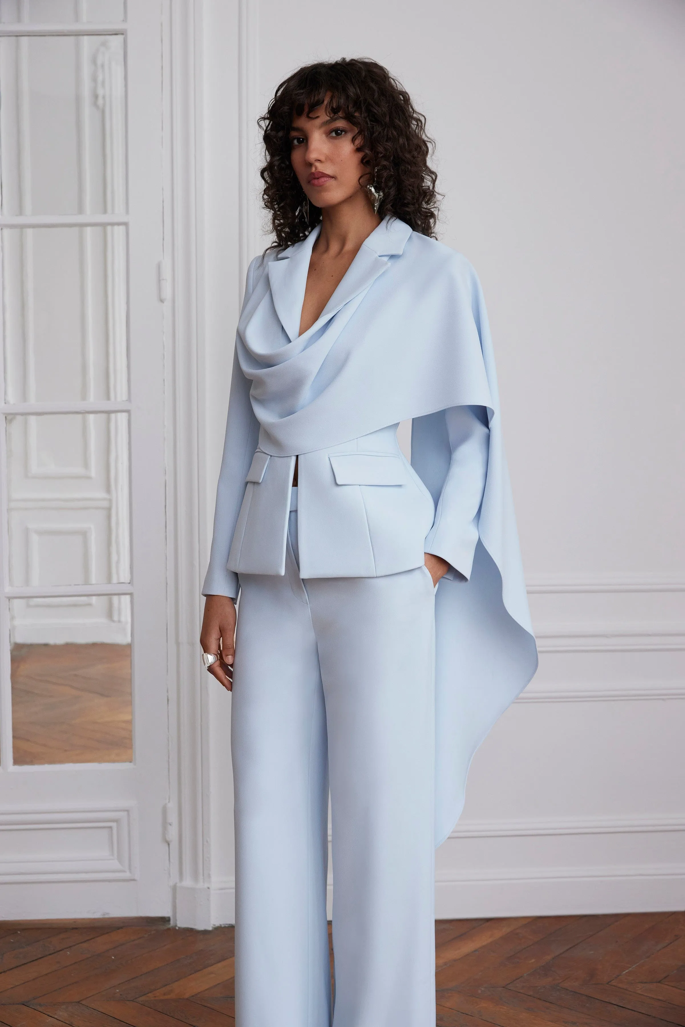 EMBER Cape Scarf Sculptured Blazer In Powder Blue sold by Lavish Alice