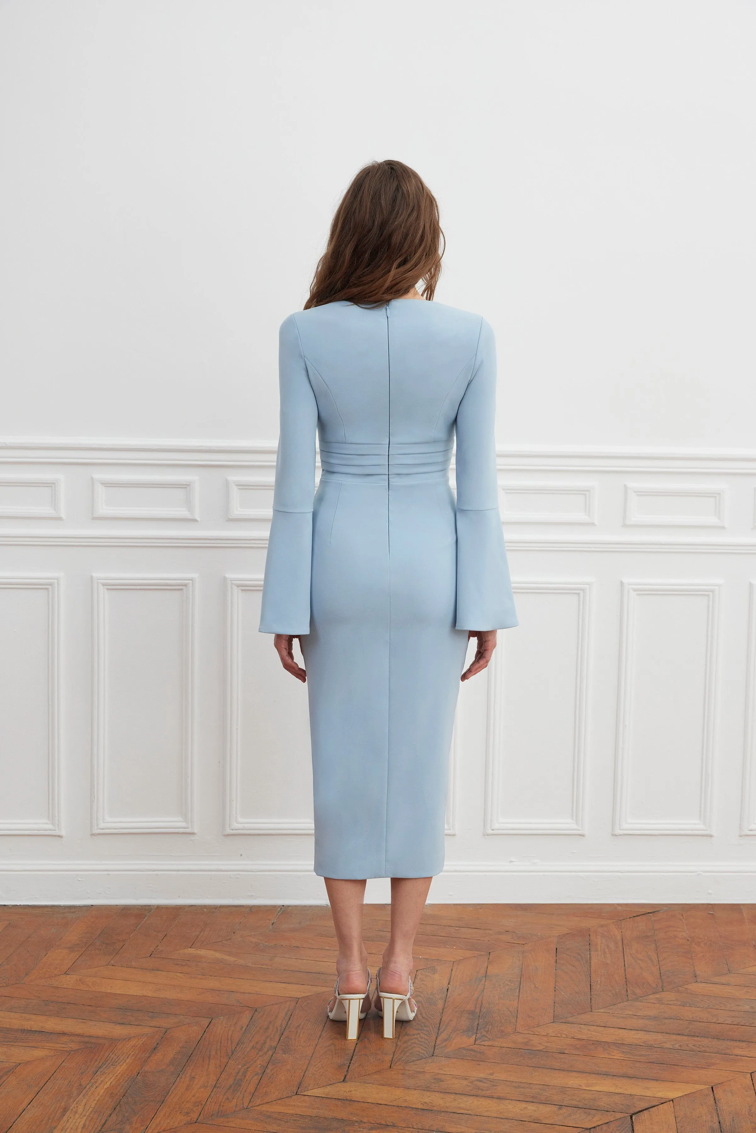 EVELINA Micro Button Detail Fluted Sleeve Midi Dress In Powder Blue sold by Lavish Alice product image thumbnail 3