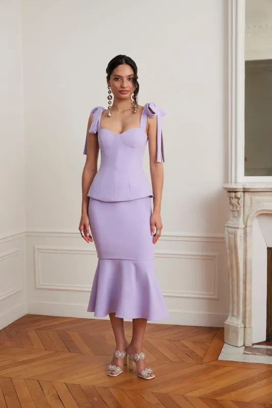 LEONA Tie Shoulder Peplum Fishtail Midi Dress In Lilac made by Lavish Alice