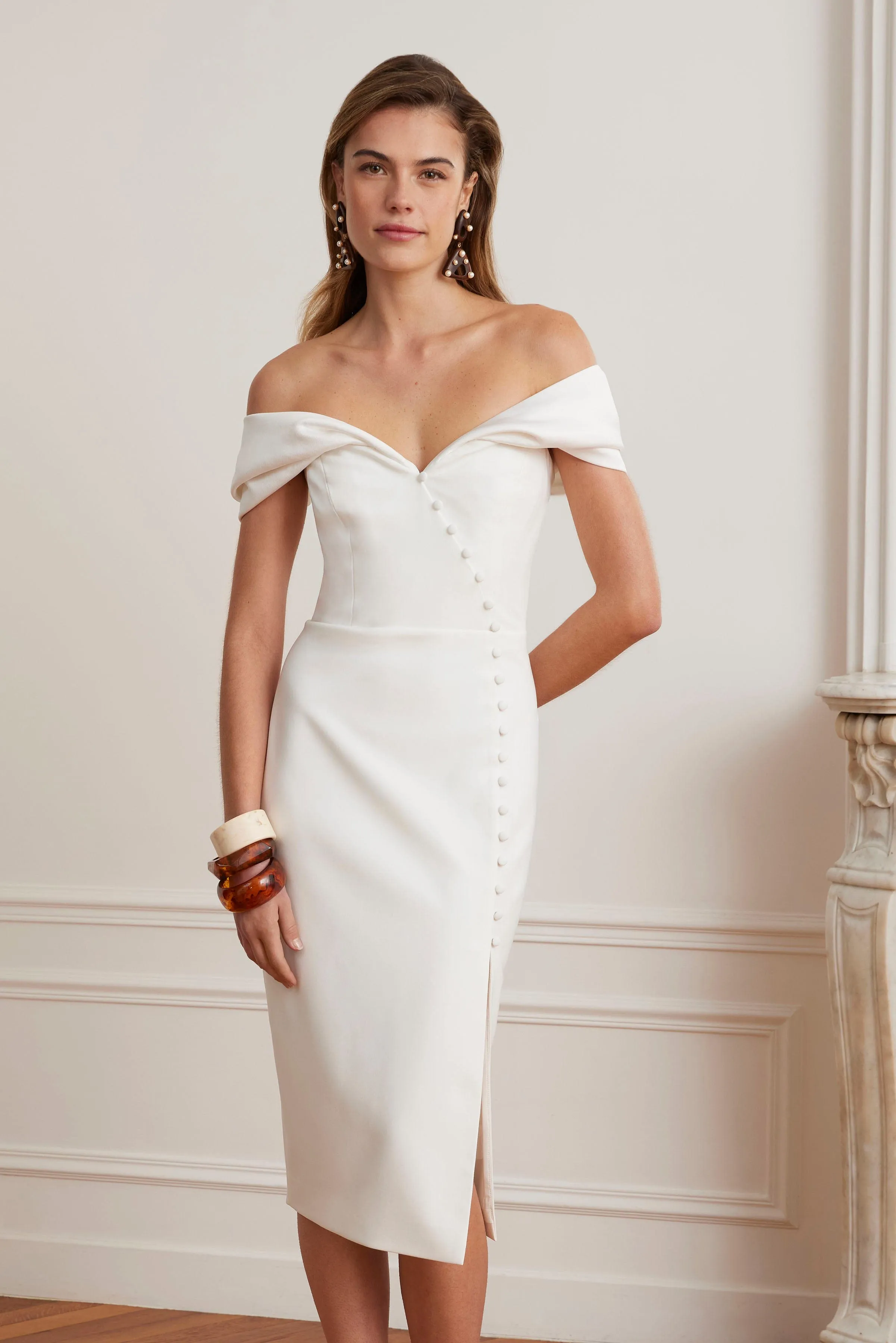NOELLE Satin Mix Bardot Midi Dress In White sold by Lavish Alice product image thumbnail 5