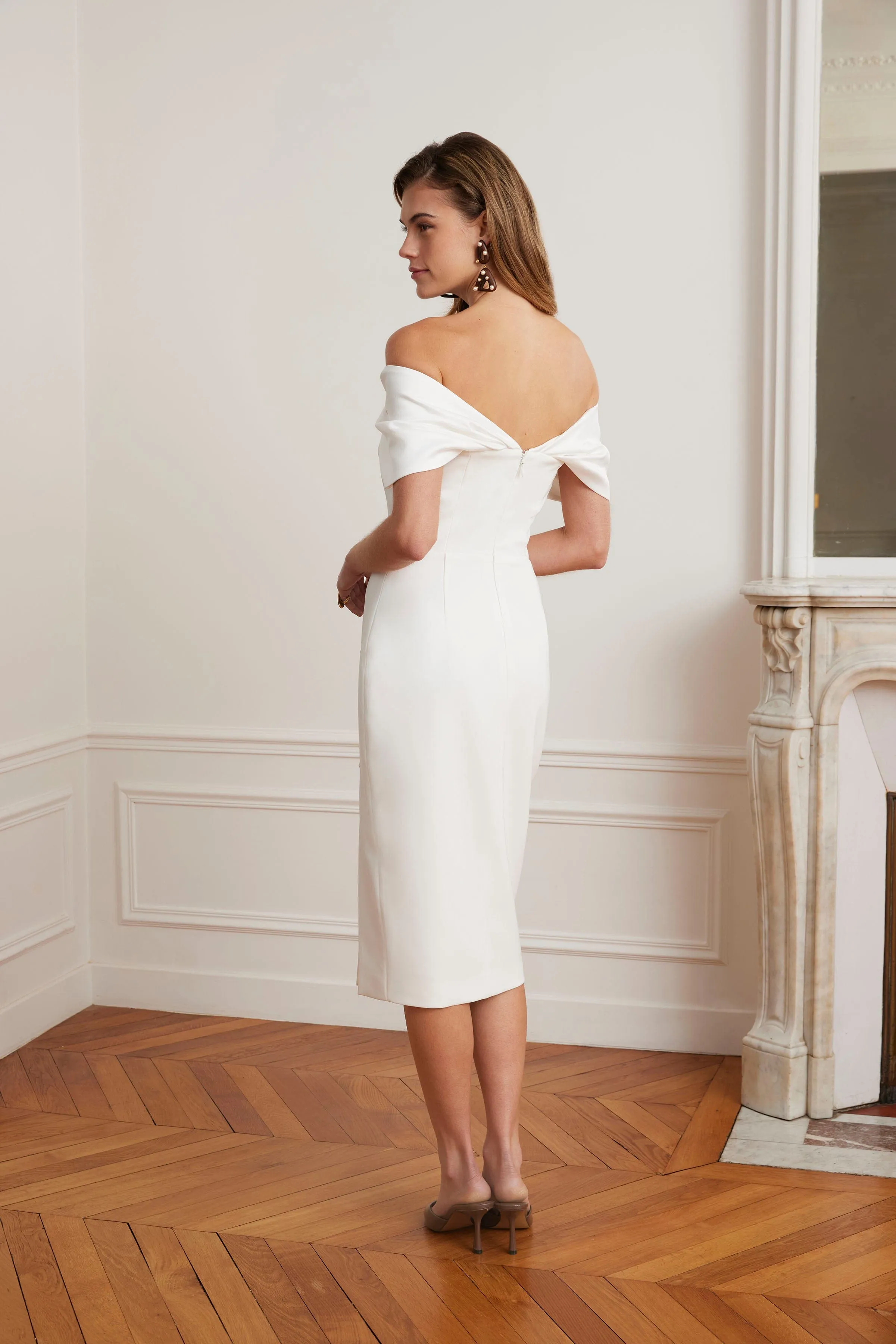 NOELLE Satin Mix Bardot Midi Dress In White sold by Lavish Alice product image thumbnail 4