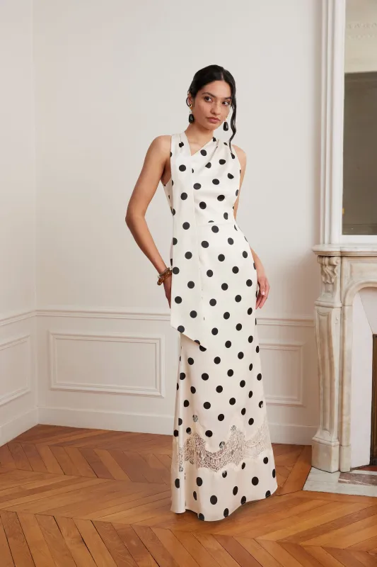 JULIANA Satin Scarf Neck Maxi Dress With Lace Insert In Polka Dot Print made by Lavish Alice