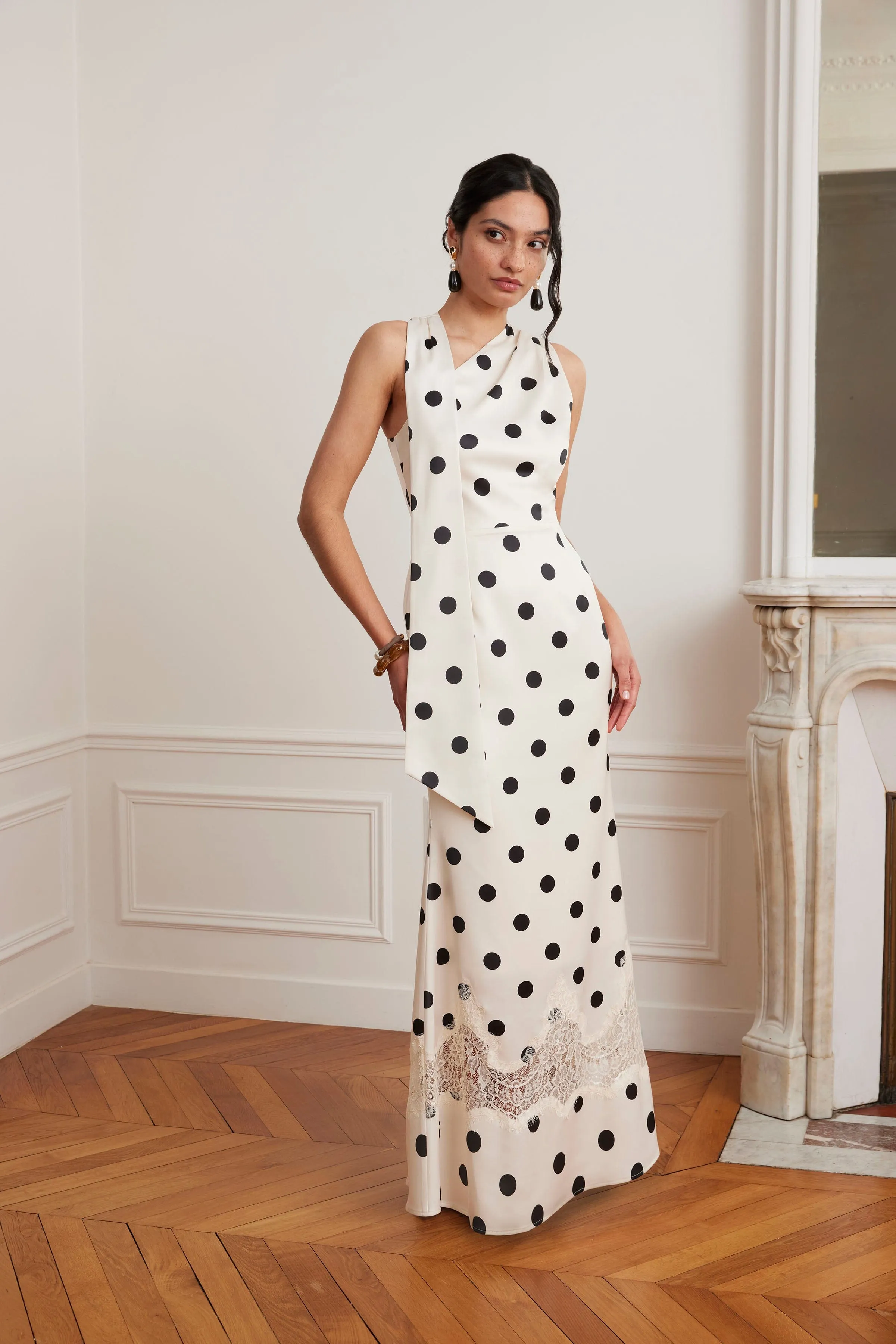 JULIANA Satin Scarf Neck Maxi Dress With Lace Insert In Polka Dot Print sold by Lavish Alice