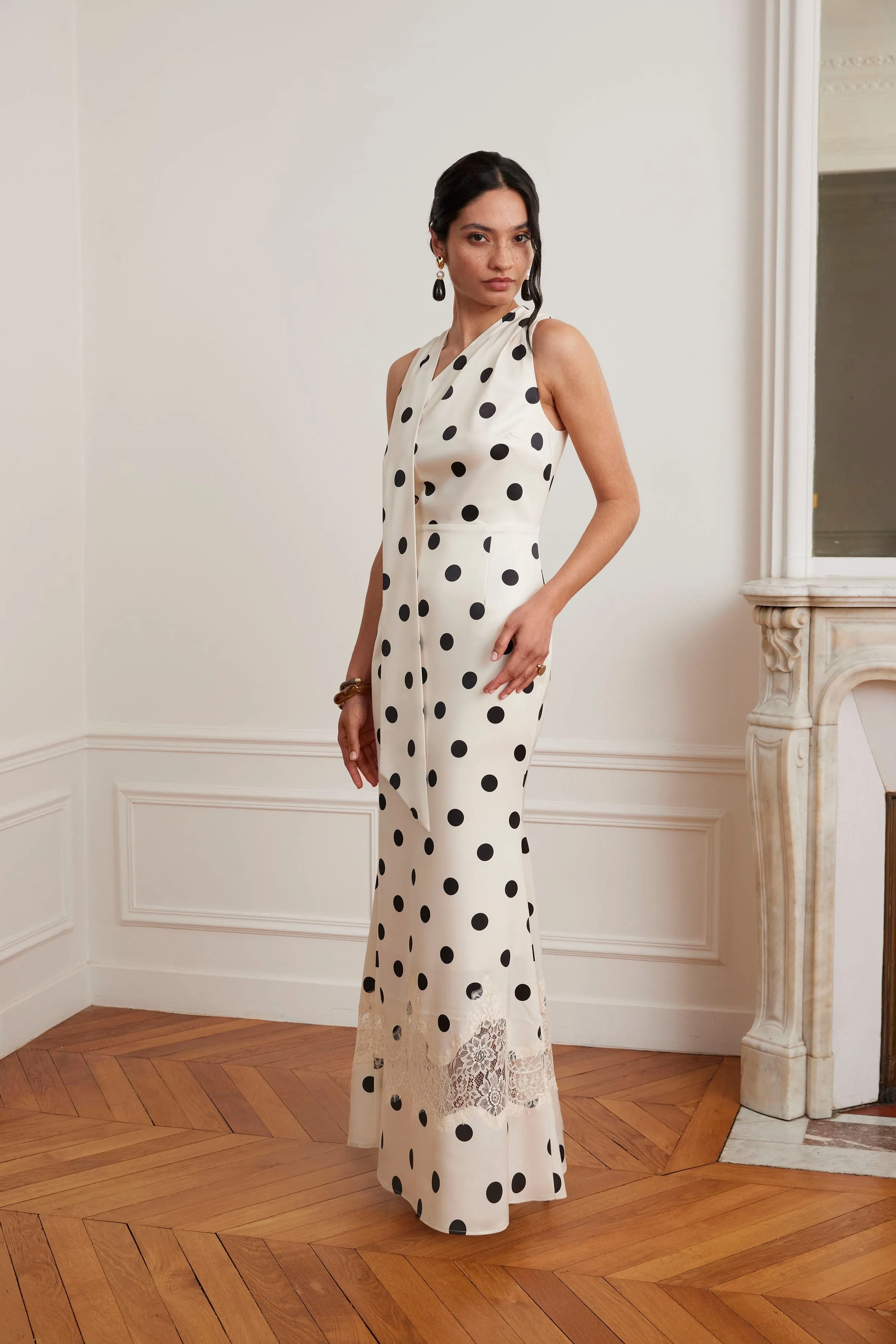 JULIANA Satin Scarf Neck Maxi Dress With Lace Insert In Polka Dot Print sold by Lavish Alice product image thumbnail 3
